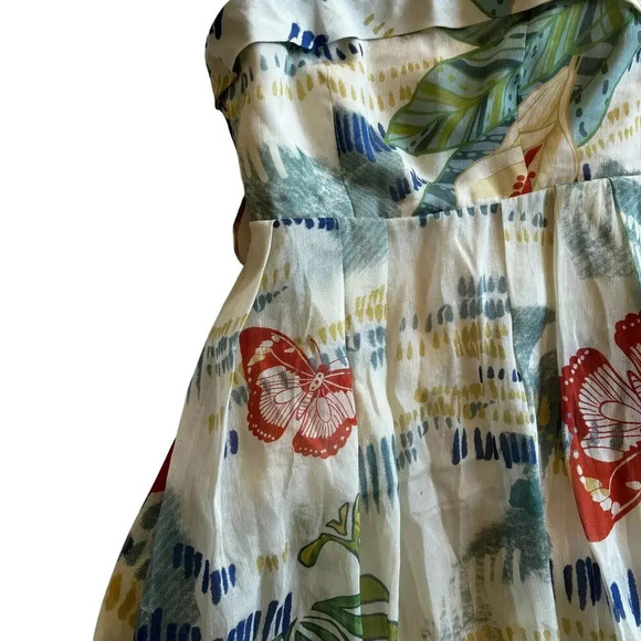 Leo Lin Botanical Print Knee-Length Strapless A-Line Linen Silk Dress US Size 2 - Picture 5 of 10